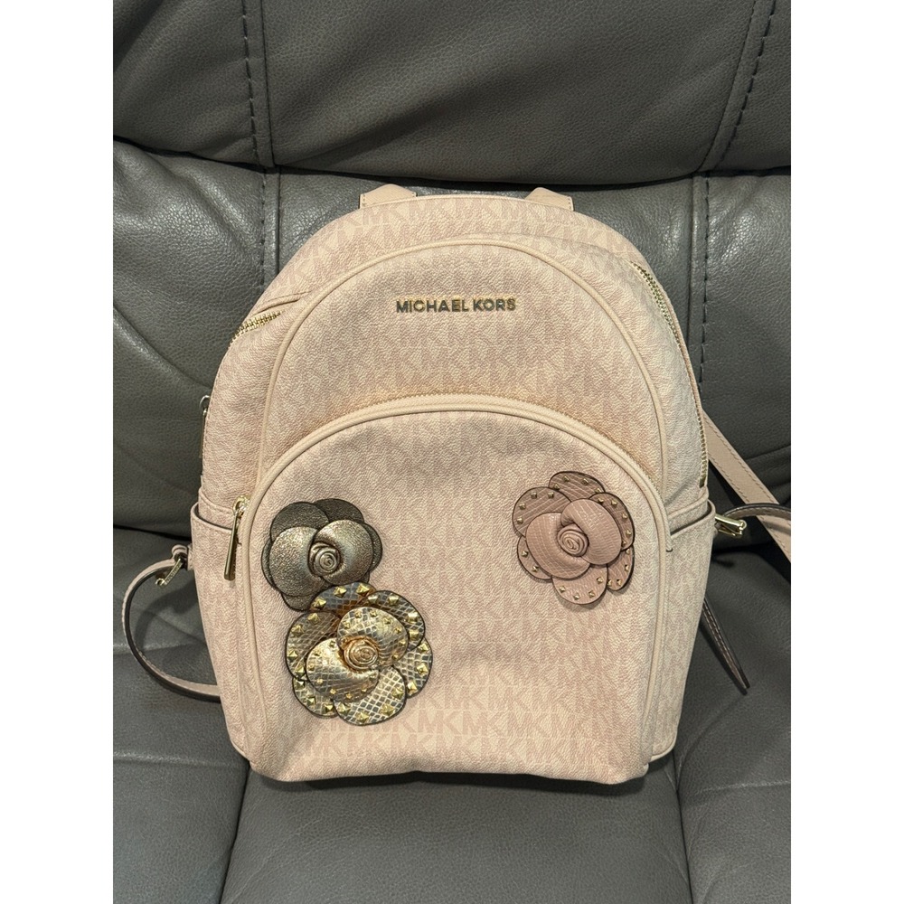Michael Kors Abbey Pink Signature 3D Floral Applique Backpack Gold Hardware - Picture 2 of 9